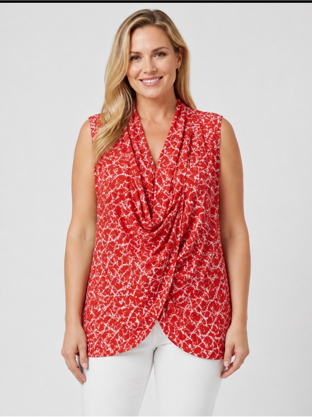 Chaus Red Printed Draped Cowl Neck Sleeveless Top size L orange